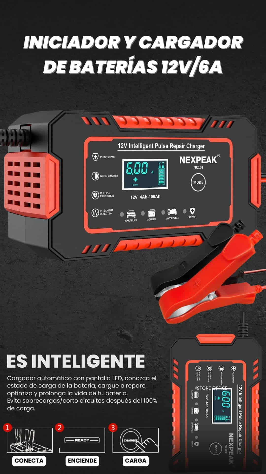 Cargador de Baterias Inteligente para Coche y Moto | Con Display