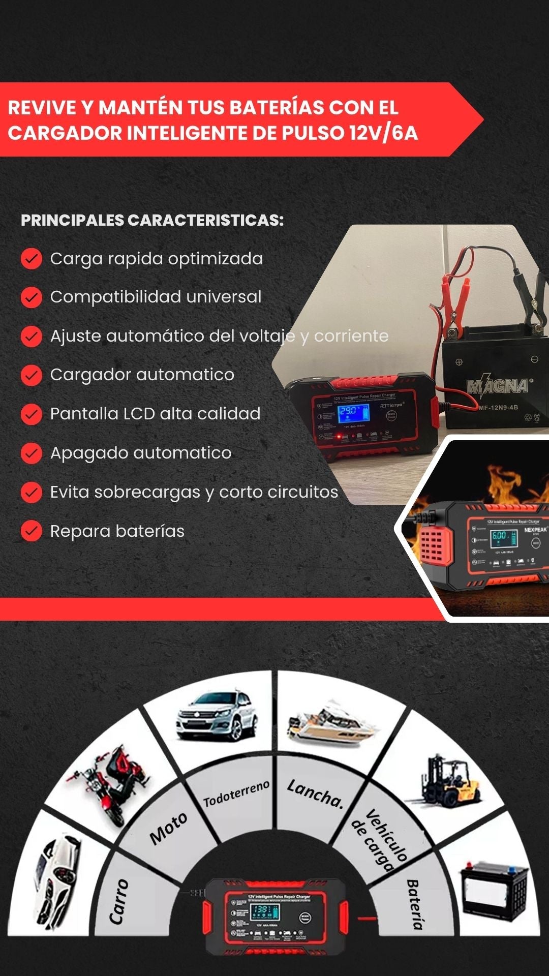 Cargador de Baterias Inteligente para Coche y Moto | Con Display